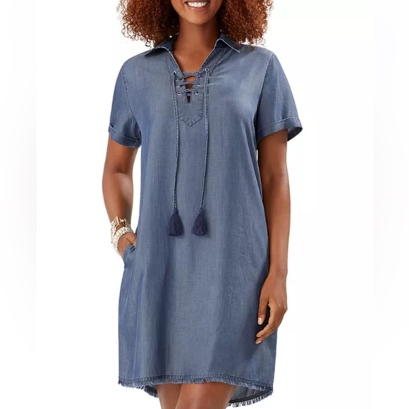 Tommy Bahama Chambray Lace Up Shirt Dress - Picture 1 of 9